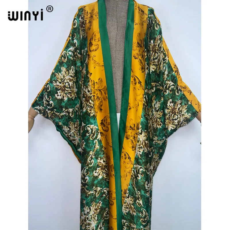 Winyi Zomer Strand Vakantie Wear Swim Suit Bikini Cover Up Boho Vest Stitch Kleurrijke Sexy Holiday Lange Mouw Kimono Kaftan