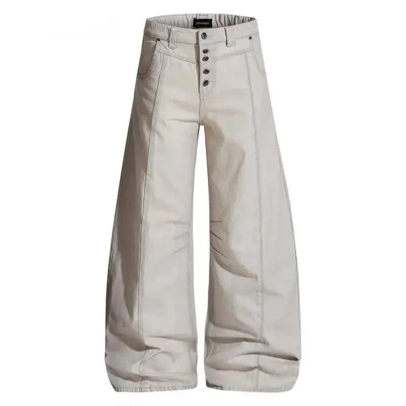 American Solid Color Washed Distressed Men's Jeans Button Placket Mid Waist Full Length Wide-leg Pants Spring News 9XG65C