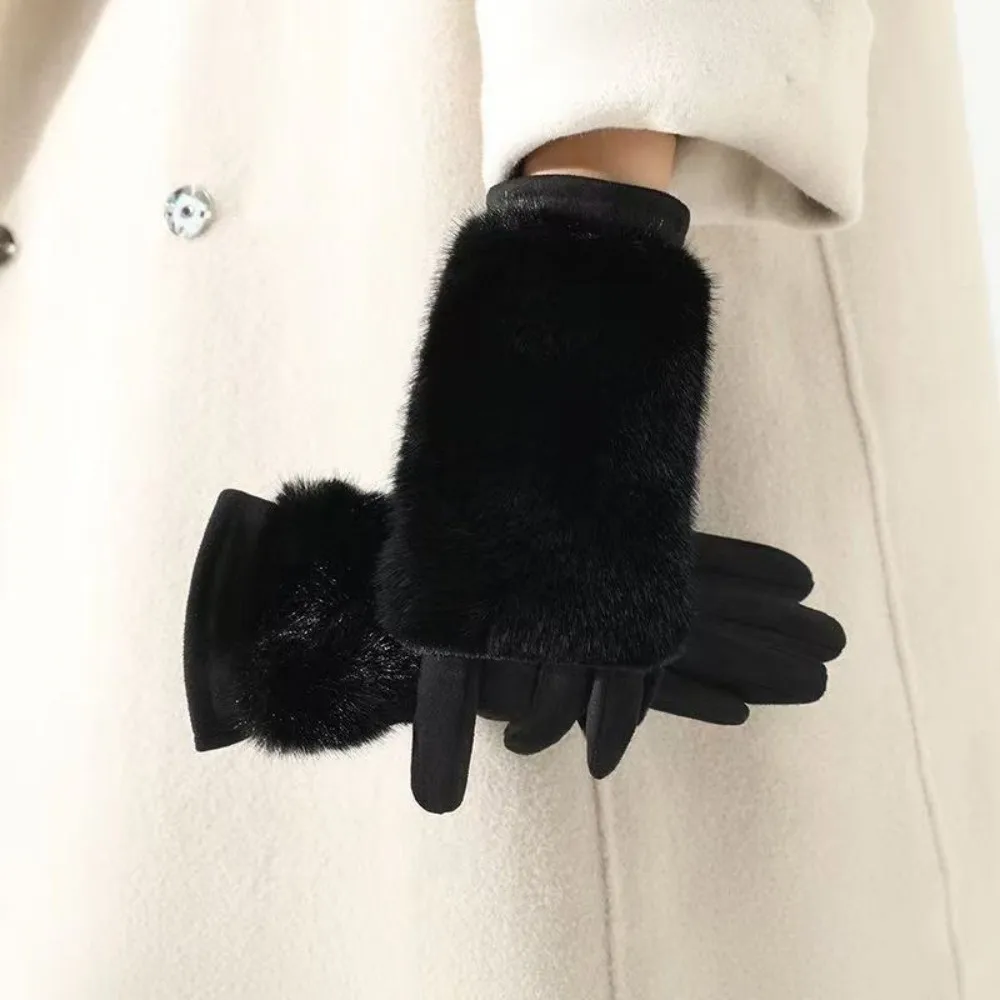 

Elegant Solid Color Suede Gloves Rabbit Faux Fur Thickened Women Winter Gloves Full Finger Detachable Thermal Mittens Party