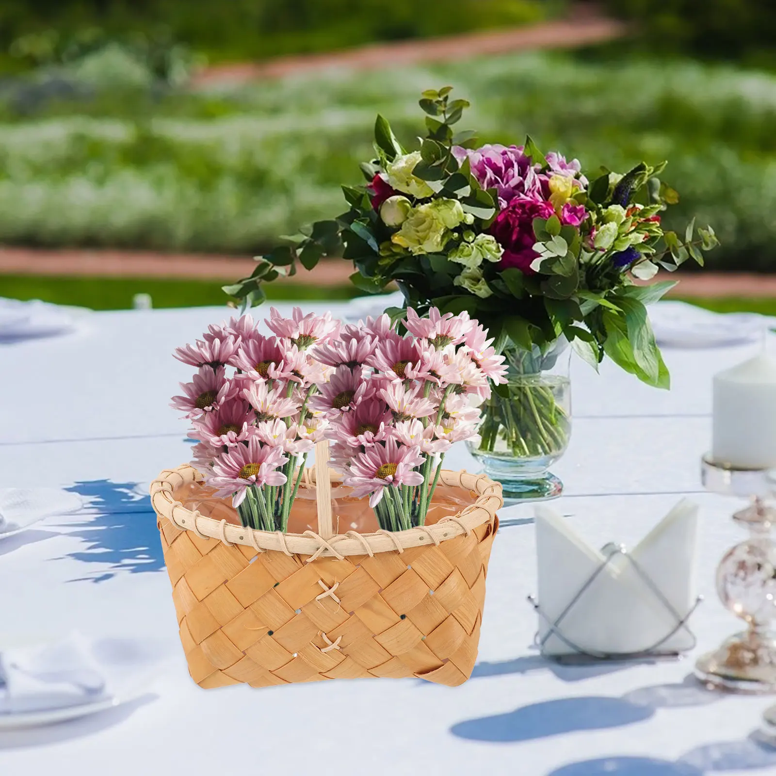 

Woven H held Flower Basket White Rattan H Portable Snack Storage Wood Material Sturdy Design Picnic Vegetable