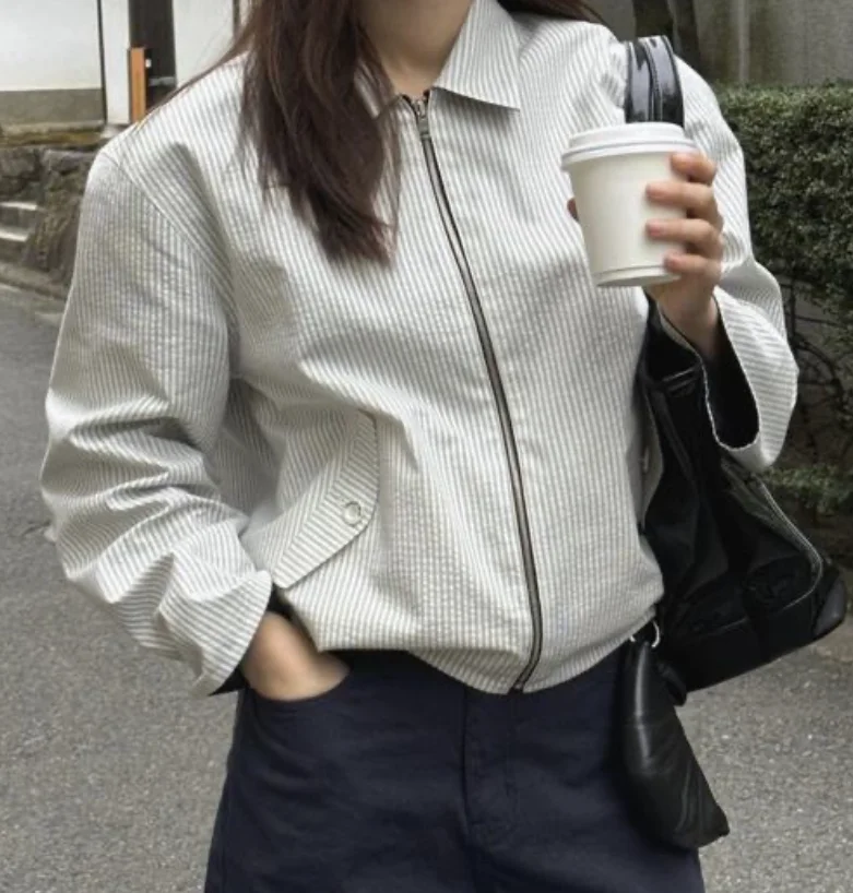 Double-Sided Wear Striped Jaet Long Sve Turn-down Collar Organic Cotton Commute Sle Loose Fit Regular Sve Length