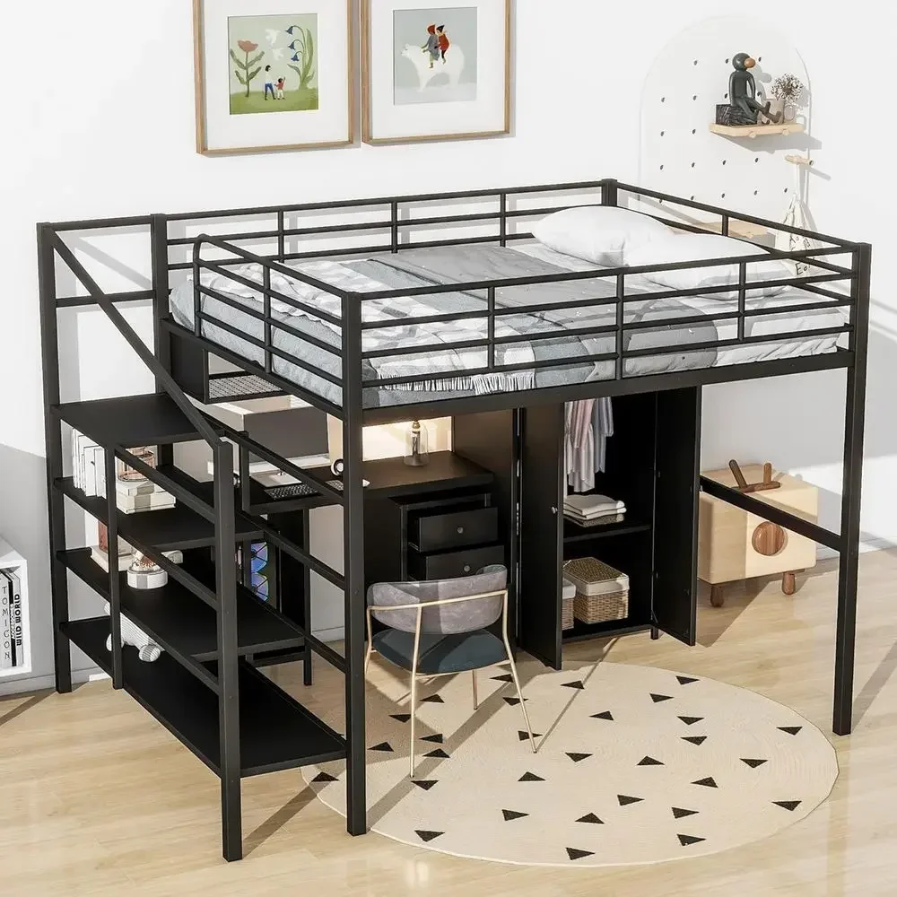 Industrial Style Metal Loft Bed with Stairs, Desk, Wardrobe, and Cabinet, Black