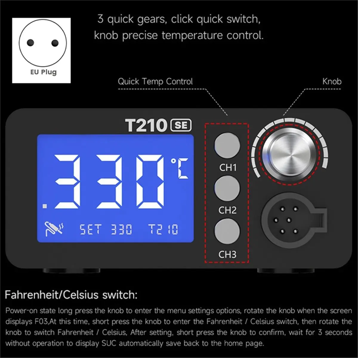 T210 Soldering Station LED Digital Display Fast Heating 3 Memory Temperatures Auto Sleep Welding Station EU Plug