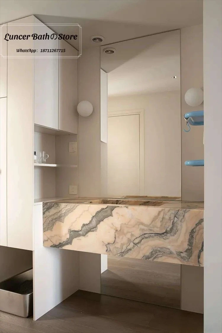 Smoke Pink Luxury Stone Wall-mounted Bathroom Vanity, Marble Rock Slab Narrow Edge Deep Sink Wash Basin Cabinet