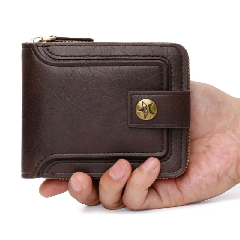 Baellerry Vintage Men Tri-fold PU Wallet, High Quality Horizontal Zipper Coin Pocket Business Male Card Purse Billetera Hombre