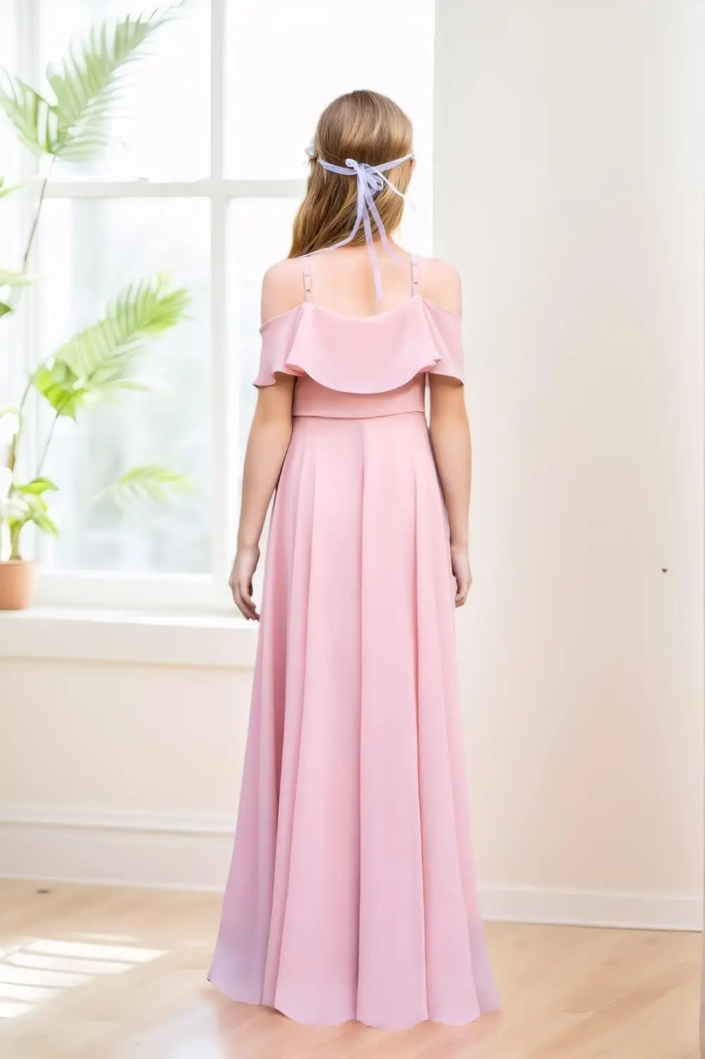 Een lijn junior bruidsmeisjekleding bloemenmeisjesjurk chiffon maxi mouwloos a-lijn voor bruiloft tienermeisjes feestjurken meisjesjurk