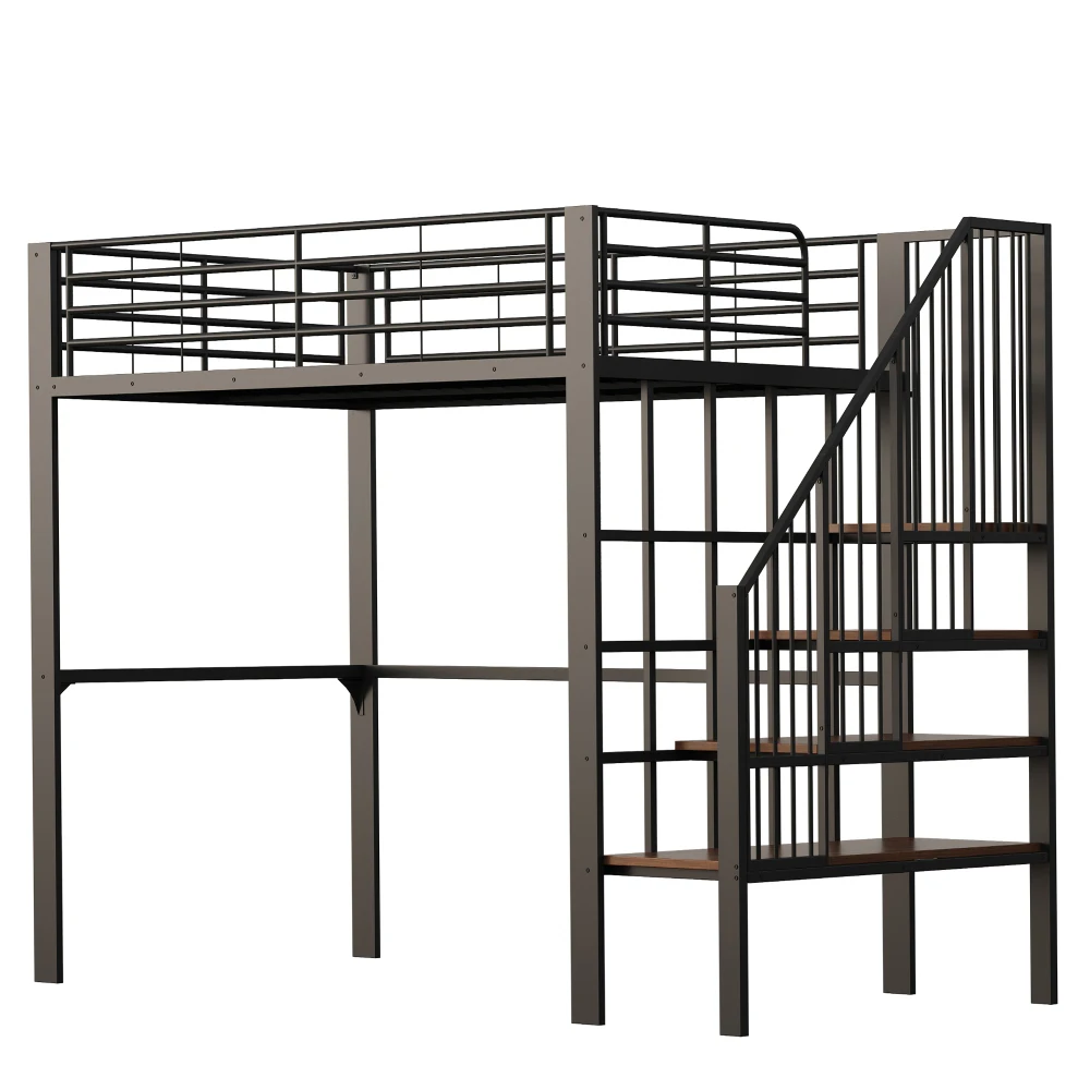 Stabiles Hochbett aus Metall, 90 x 200 cm/140 x 200 cm, mit geräumigem Stauraum unter dem Bett und Treppe für Kinder und Erwachsene, Bettgestelle und -gestelle – Detail 19