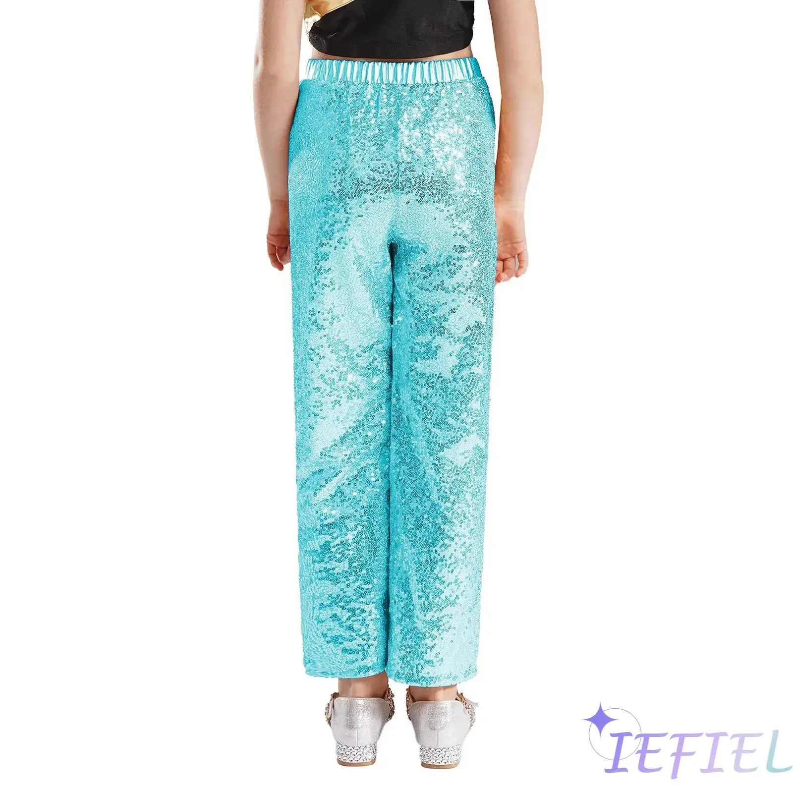 

Girls Sparkle Sequin Street Dance Trousers Modern Jazz Disco Party Performance School Show Costume Loose Straight Leg Pants