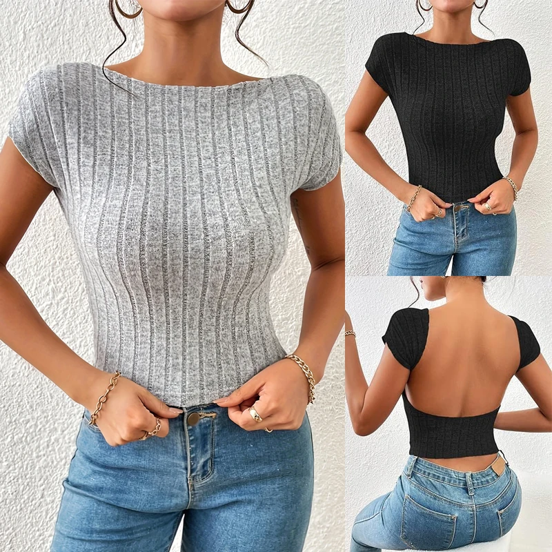 New Women's Short Sleeve T-shirt Summer Ladies Y2k Sexy Slim Backless Short Top Wide Striped Pullover Streetwear Women Clothing