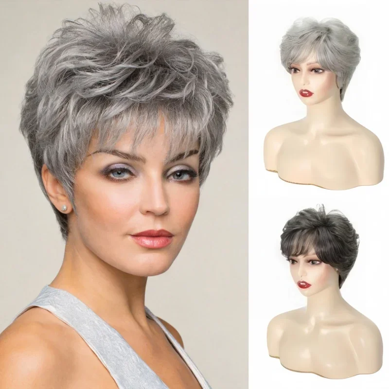 グレーオンブルショートカーリー合成ウィッグ前髪付きナチュラルママヘアスタイル女性用デイリーパーティー