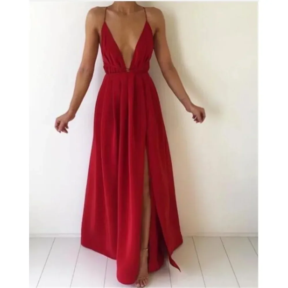 European and American Deep V-neck Sleeveless Strappy Beautiful Backless High-waisted Satin Dress for Women