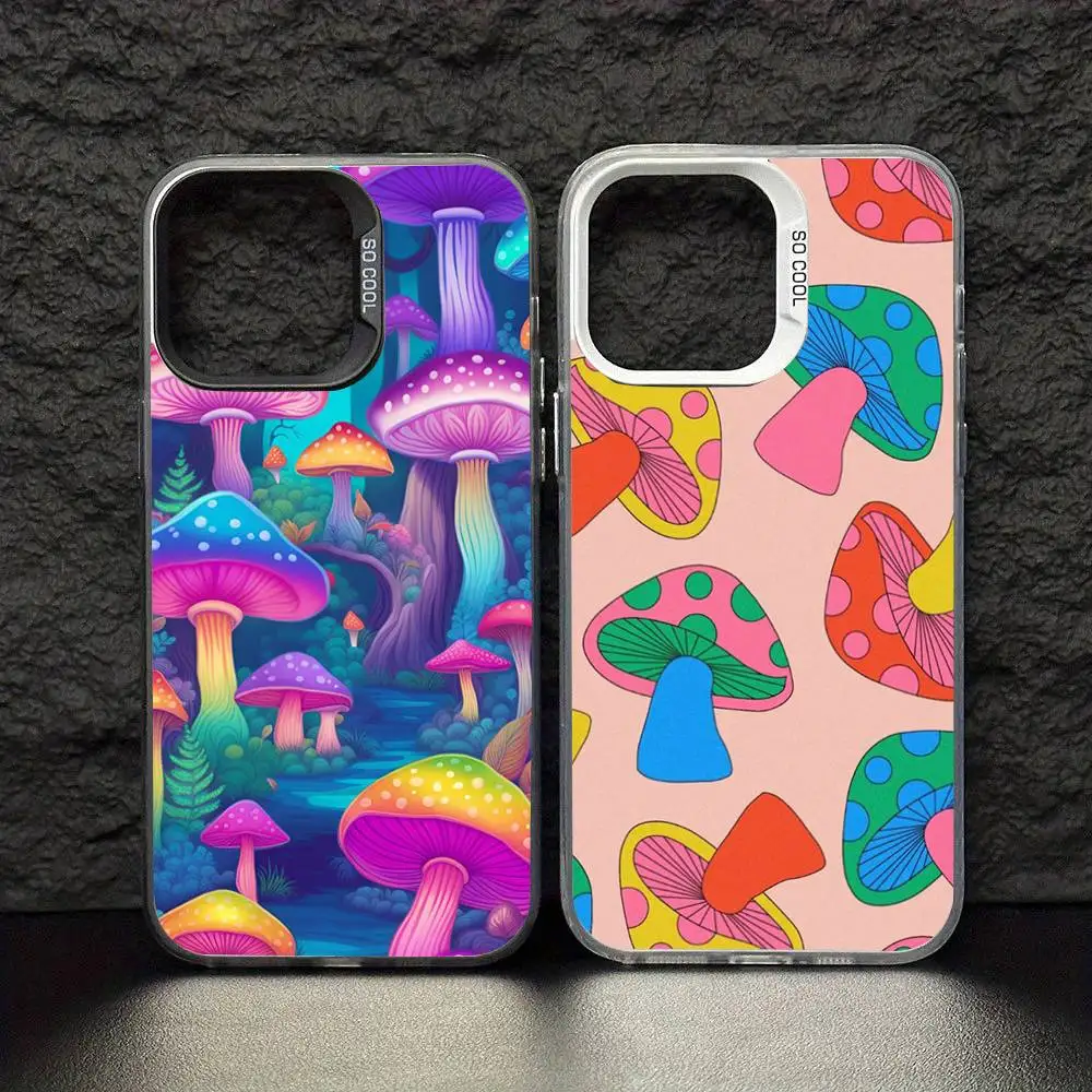 

INS Colorful Mushroom Flower Phone Case For iPhone17,16,15,14,13,12,11 Pro Max Blcak Colorful Silver Plated Inside Phone Case