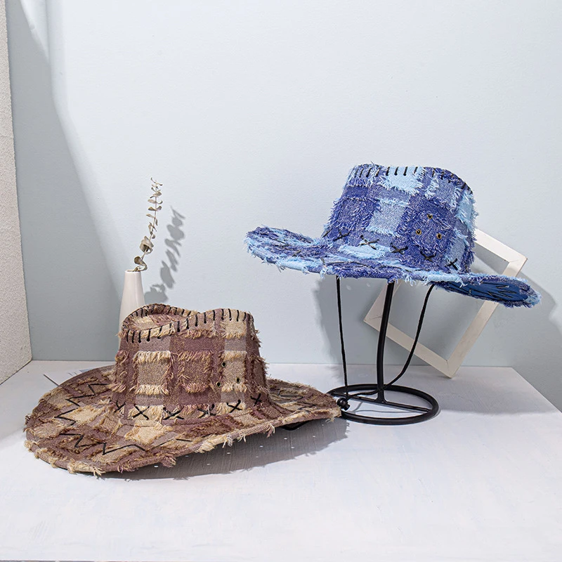 Chapeau de soleil à carreaux en Denim, casquette seau à large bord, chapeau de Cowboy occidental, protection solaire, Camping en plein air, voyage, chapeau de pêcheur