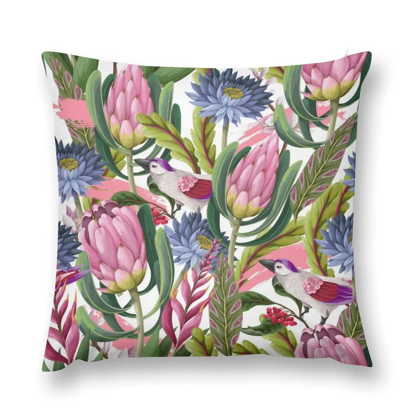 Seamless pattern with protea and tropical flowers and birds, Trendy floral vector print Throw Pillow Pillow Cases pillow