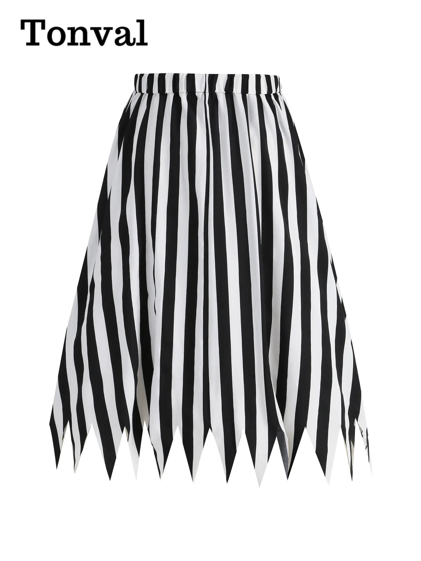 Tonval Black and White Striped Vintage Asymmetrical Hem Skirts Women Elastic Waist 2024 Cosplay Halloween Party Skirt