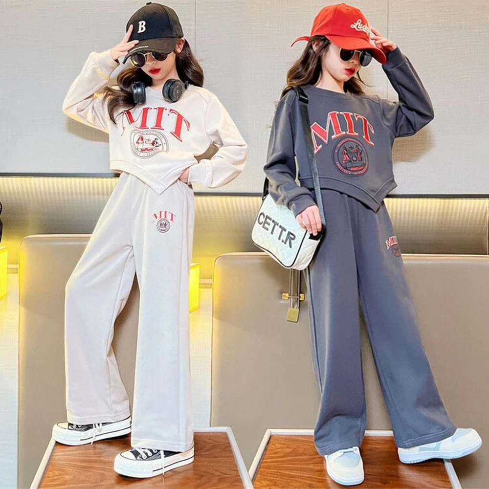 Spring/Autumn Kids Girls Clothes Suit Child Irregular Letters Sweatshirt + Wide Leg Sweatpant Pant Tracksuit 7 8 9 10 11 12 Year