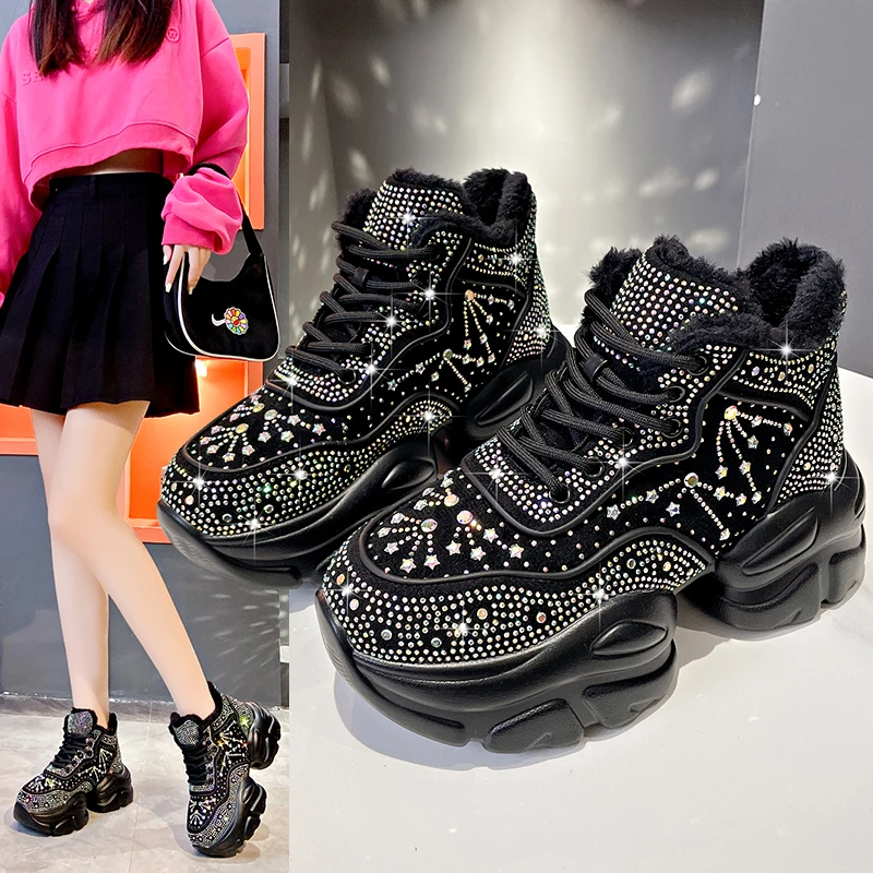 Women's Diamond Decoration Luxury Shoes Winter Warm Women's Sneakers Designer Casual Ankle Boots Platform Shoes Zapatos Mujer