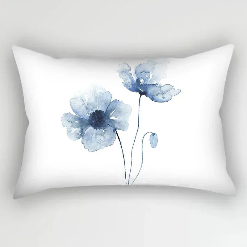 Blue Polyester Printed Pillowcase Ink Flower And Leaf Pattern   Stripe Cushion Cover Home Decor