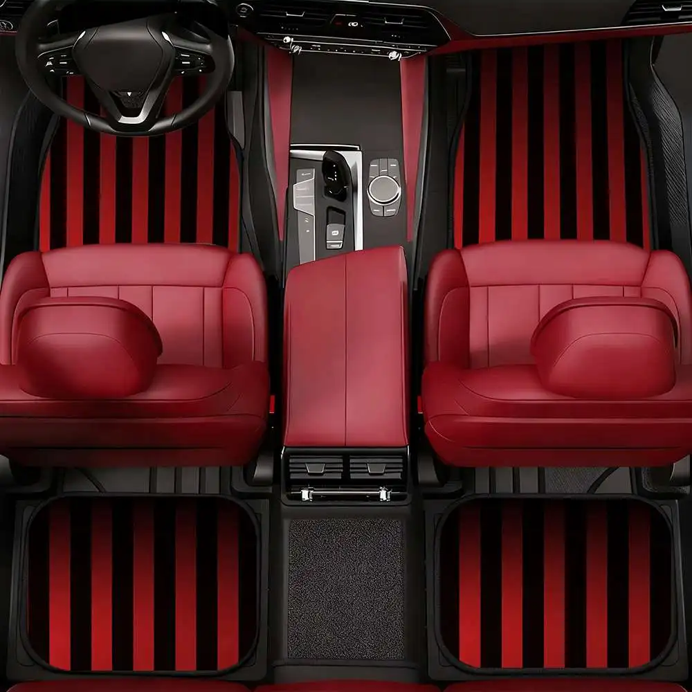 4pcs Set, Black And Red Alternating Stripe Pattern Printed Car Floor Mats, Full Coverage All-season Universal Model, XPE Non-sli