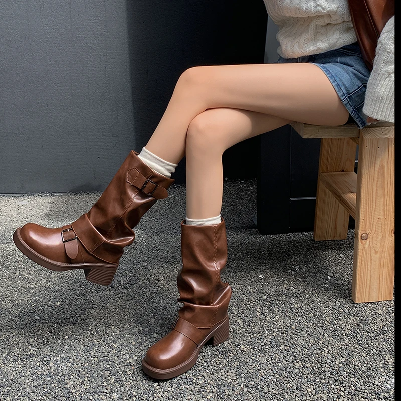 

Fashion Pleated Slip-on Women's Mid-calf Boots Belt Buckle Thick Heels Platform Ladies Motorcycle Boots Autumn Winter New Style