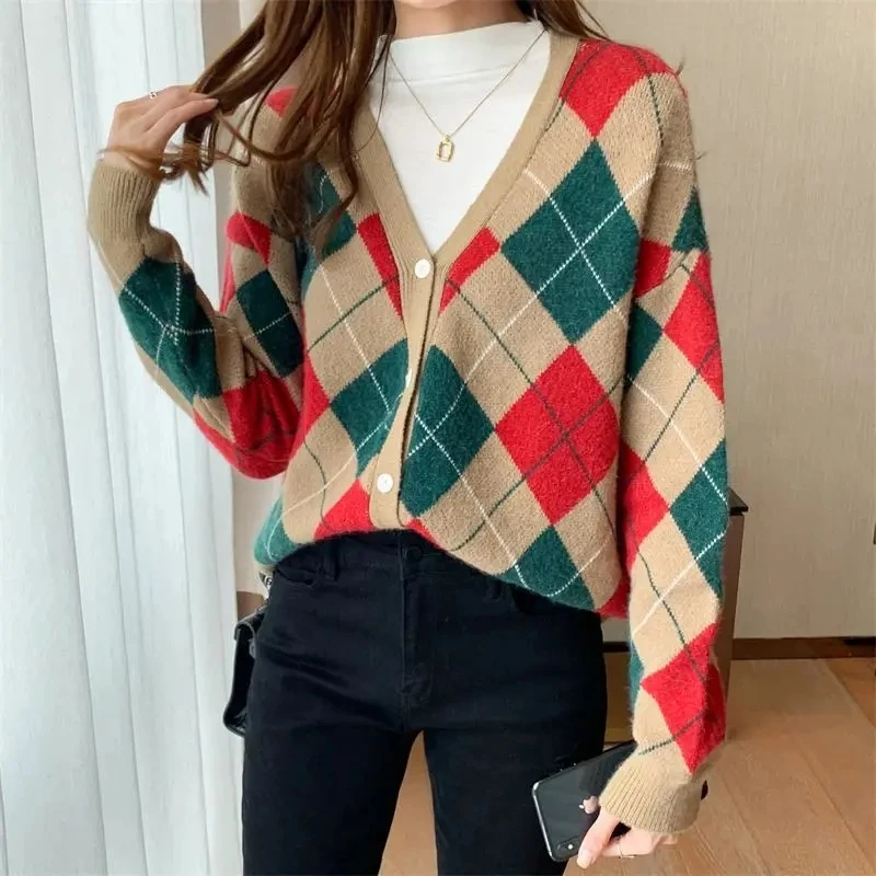 New Rhombus Plaid V-Neck Knitted Sweater Loose Fashion Sweater  Jacket  Cardigan Plus Size Casual Vintage Plaid Women'S Top