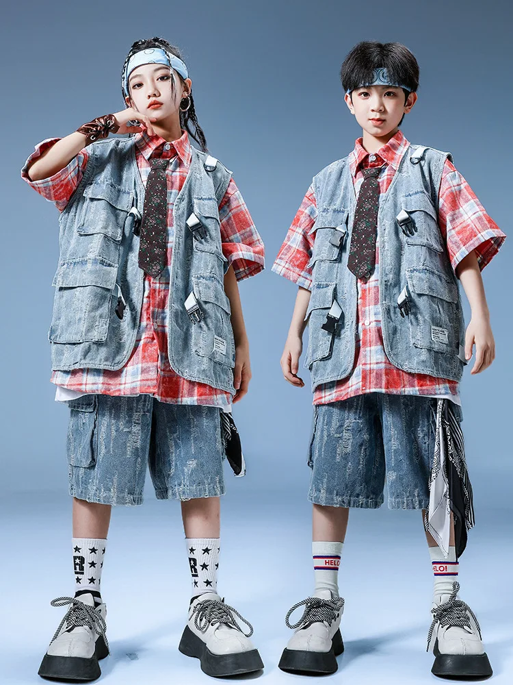 Boys Hip Hop Sets Red Plaid Shirt Denim Vest Jeans Short Girls Jazz Street Dance Clothes Kids Streetwear Teens Costume