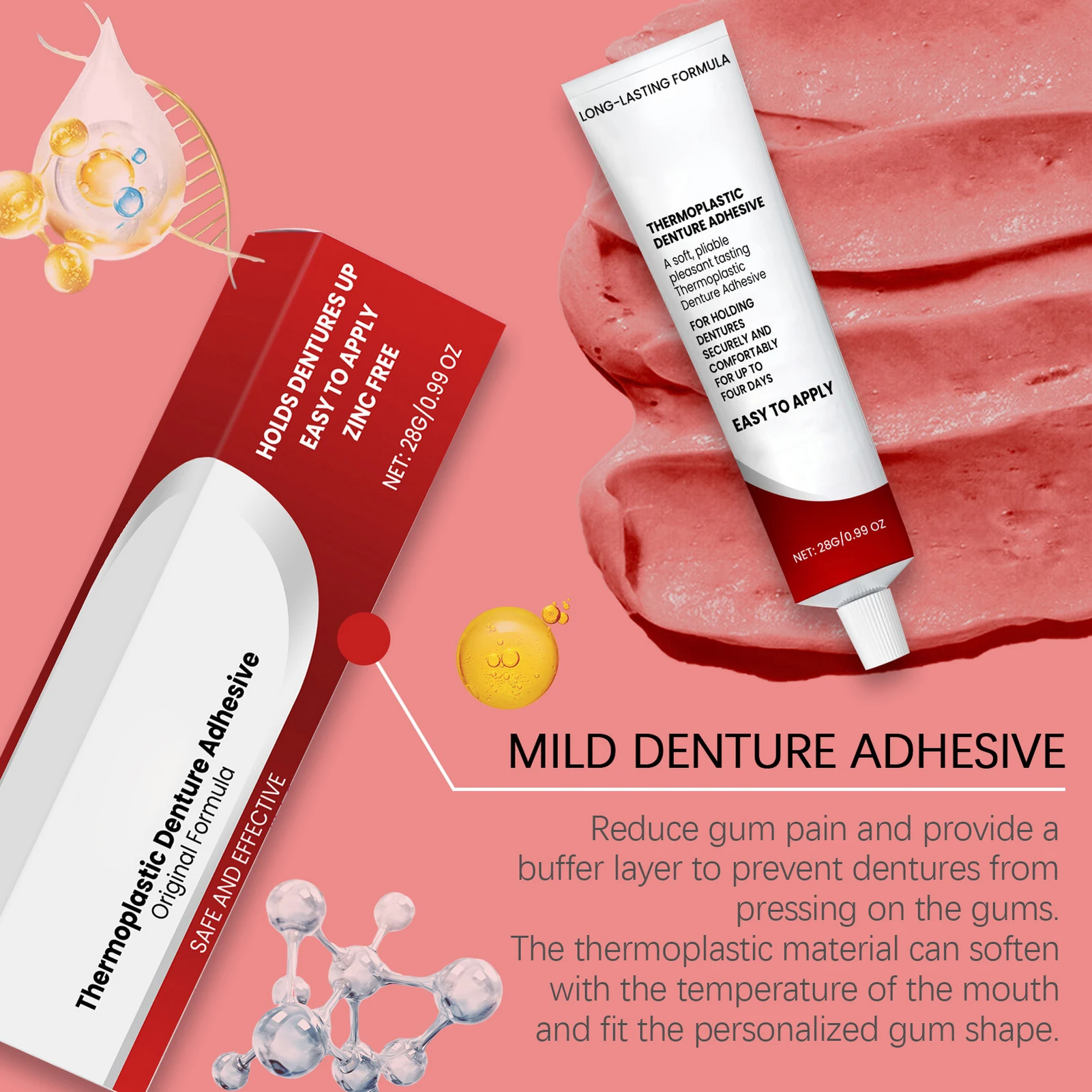 Zinc-Free Thermoplastic Denture Adhesive Refits and Tightens Dentures Great For Immediate And Temporary