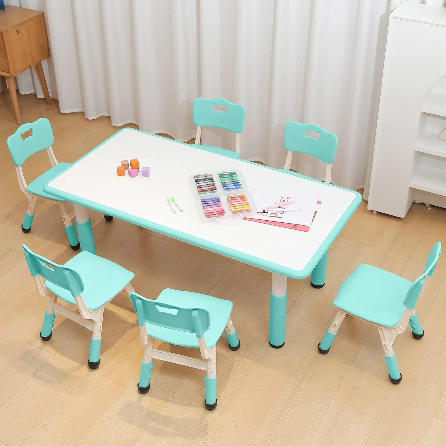 Kids Table And Chairs, Kids Table And Chair Set For Boys And Girls Age 2-12, Height Adjustable Table With 6 Seats, Preschool