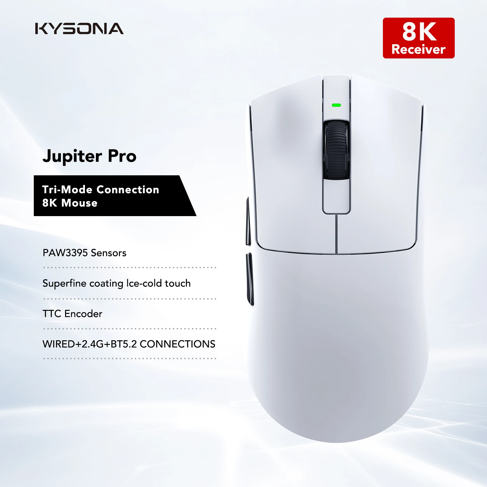 

KYSONA Jupiter White Bluetooth Mouse Wireless Mice PAW3395 Sensor 26000DPI Lightweight 49g Gaming Mouse For Big Hands PC Laptop