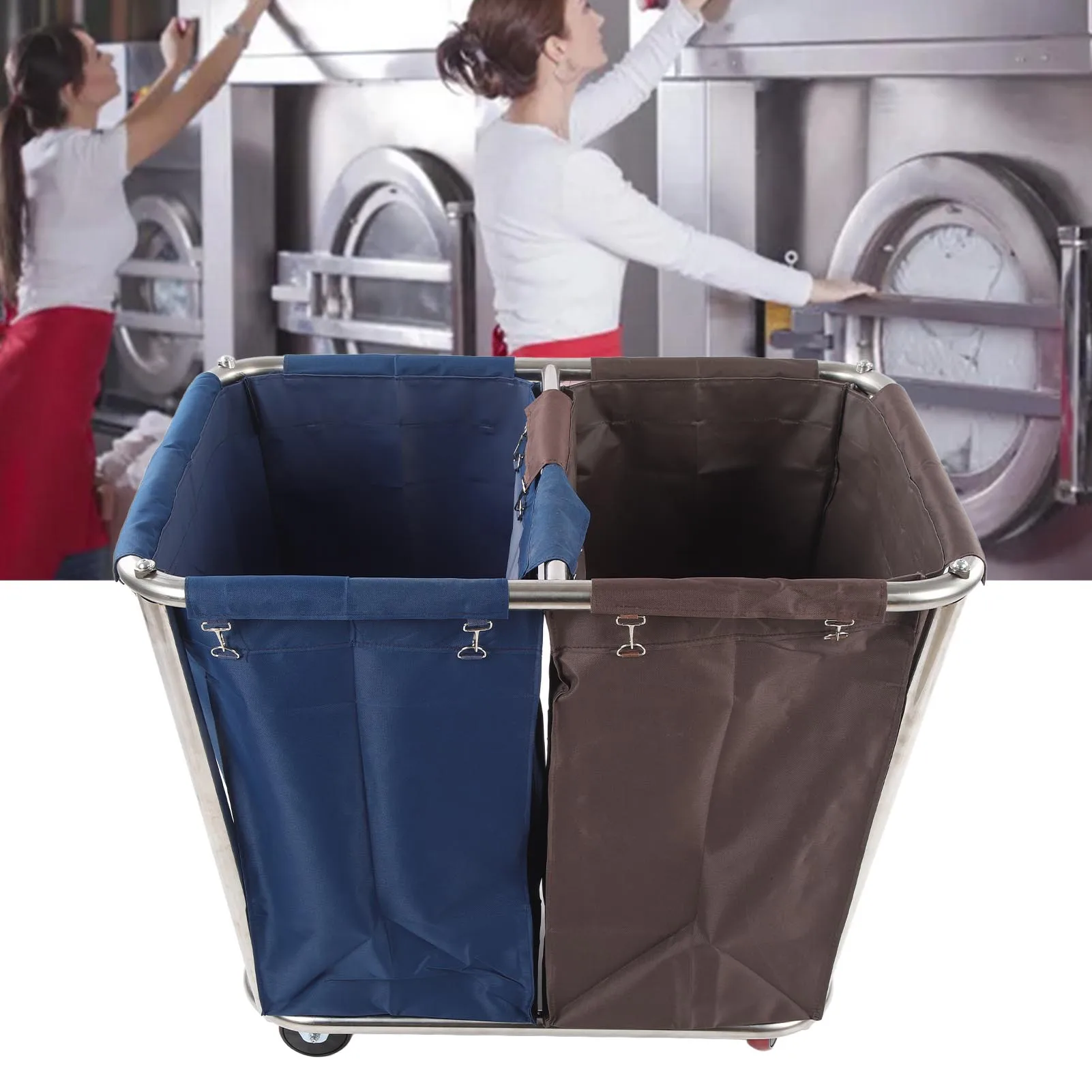 2 Bag Laundry Cart with 4 Wheels Large Capacity Dry Wet Sorter Laundry Basket for Home and Commercial Use Dry Wet Laundry Basket