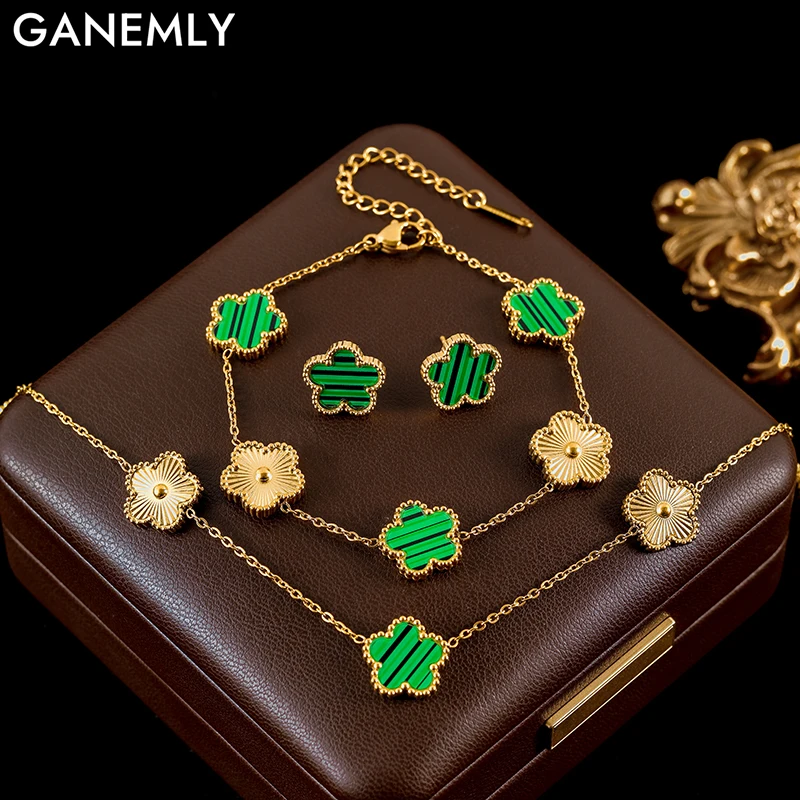 

GANEMLY 316L Stainless Steel Green Plum Blossom Plant Leaf Flower Set Reversible Necklace Earrings Bracelet Women Clover Jewelry