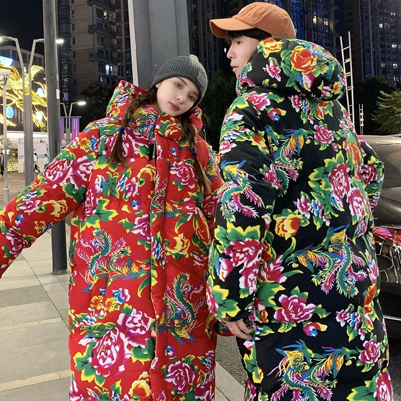 

Парное утепленное хлопковое пальто средней длины с цветочным принтом для мужчин, зимнее, большого размера, повседневное, теплое, с растительным узором