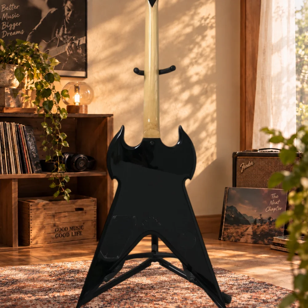Irregular Shape Yellow Electric Guitar, Black Graphic, 6 Strings, HH Pickups, Black Hardware, for Rock Music