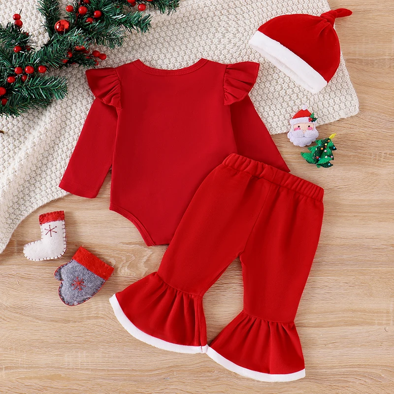 Baby Girl Christmas Outfits Christmas Tree Deer Antler Print Long Sleeve Romper Flare Pants Hat 3Pcs Clothes Set