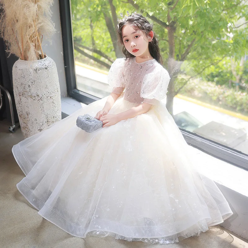 Children\'s Princess Long Skirt Fluffy Yarn Flower Girl Wedding Dress High-end Prom Christmas Easter Host Evening Dress Costume