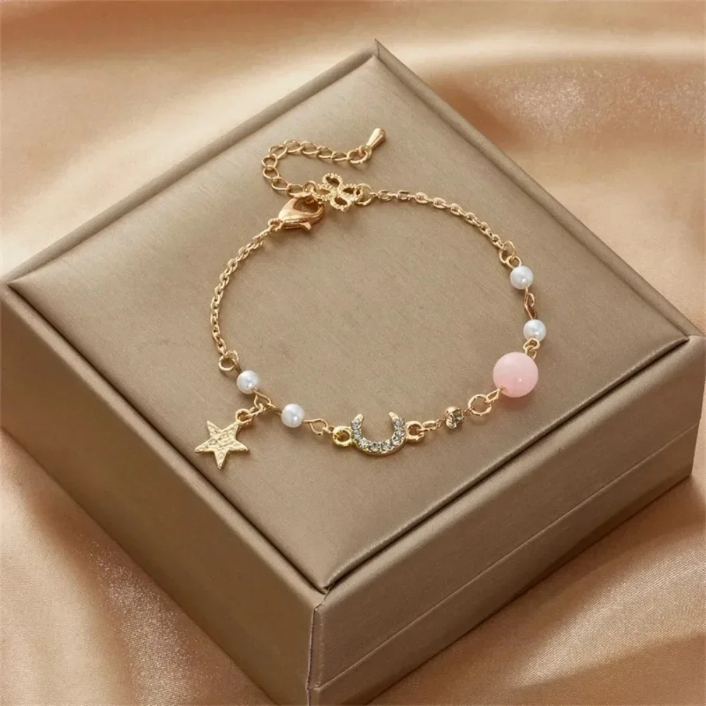 Fashion Women Stainless Steel Star Moon Pearl Simple Crystal Zircon Bracelet Bracelet Pendant Jewelry Girl Party Party Gift