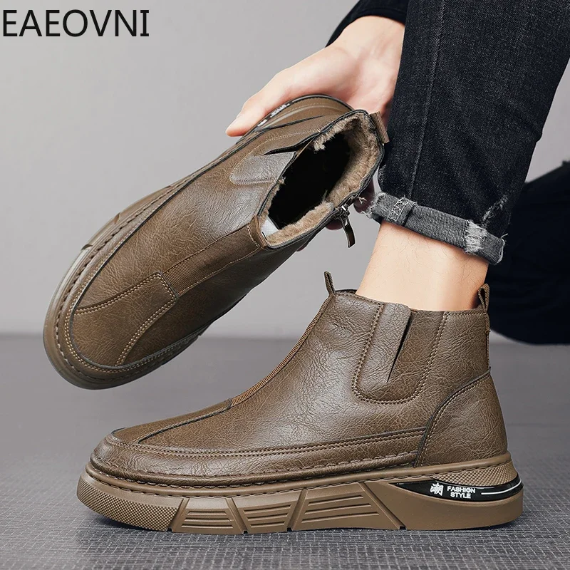 Leather Ankle Boots Man Work Safety Shoes Winter Plus Cotton Casual Mans Shoe British Style Young Fashion Male Boot Main Push