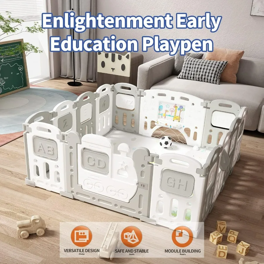 Baby Playpen, Foldable Kids Fence Activity Center, Safety Playard with Games Station Non-Slip Rubber Bases, Adjustable Shape, Po