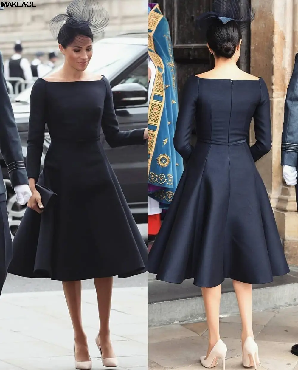 Meghan Markle Abiti da celebrità blu navy scuro Abiti da cerimonia convenzionali a-line maniche lunghe con fiocco Bateau Abiti da sera vintage