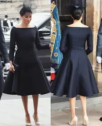 Meghan Markle Abiti da celebrità blu navy scuro Abiti da cerimonia convenzionali a-line maniche lunghe con fiocco Bateau Abiti da sera vintage personalizzati