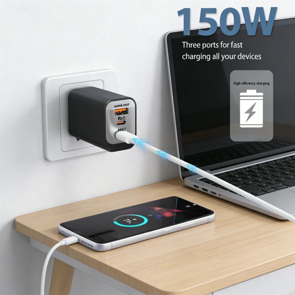 150W USB Type C Fast Charging Phone Charger Portable Travel Adapter EU/UK/US Plug For iPhone 17 Samsung Xiaomi USB QC5.0 Charger