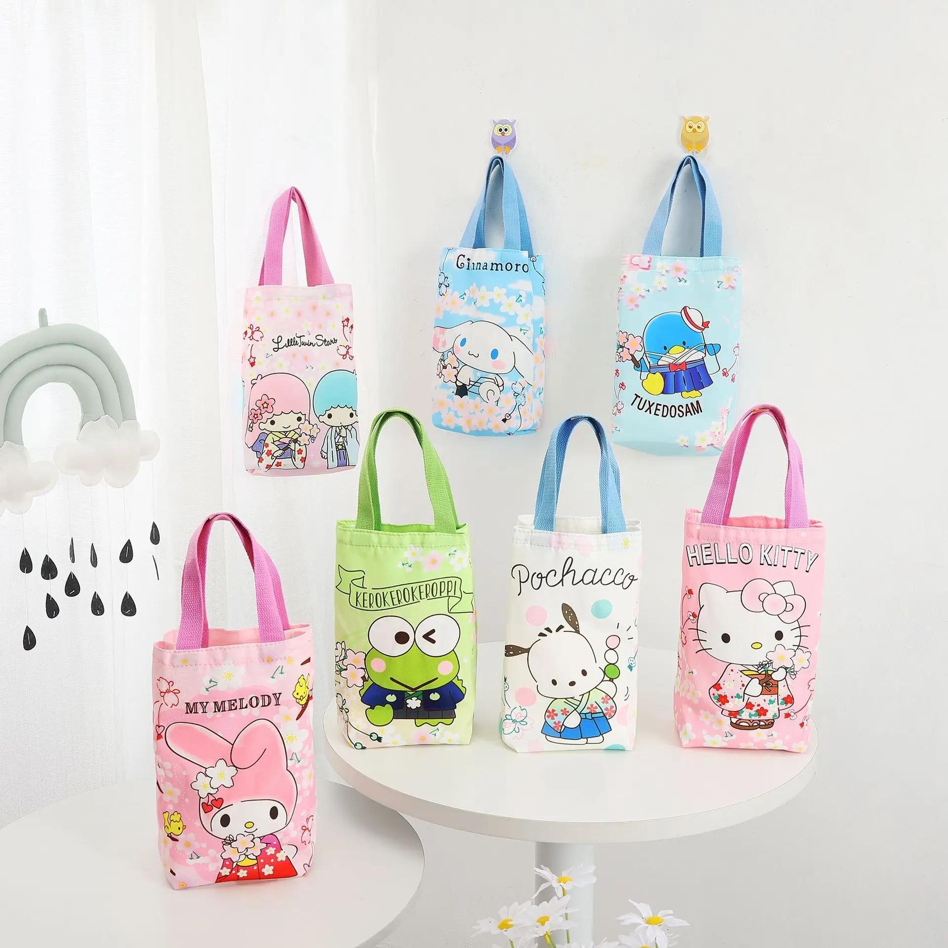 

Sanrio Hello Kitty Cup Canvas Handbag Storage Bag Cinnamoroll Kuromi Shoulder Bag Portable Water Bottle Thermos Cup Storage Bag