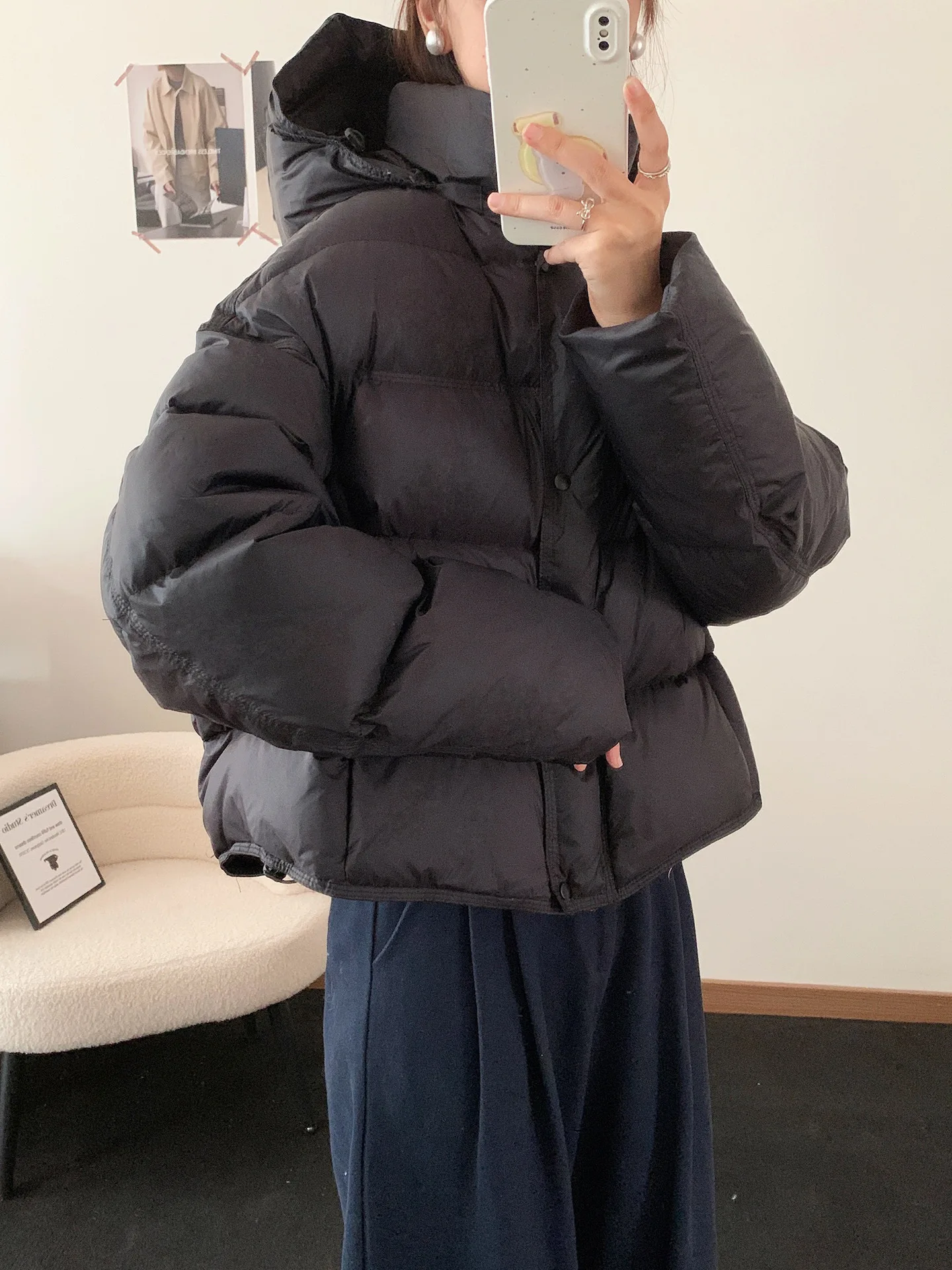 Korean Cropped Hooded Down Jacket for Women Winter Thickened White Duck Down Coats Woman Solid Color All Match Puffer Jackets