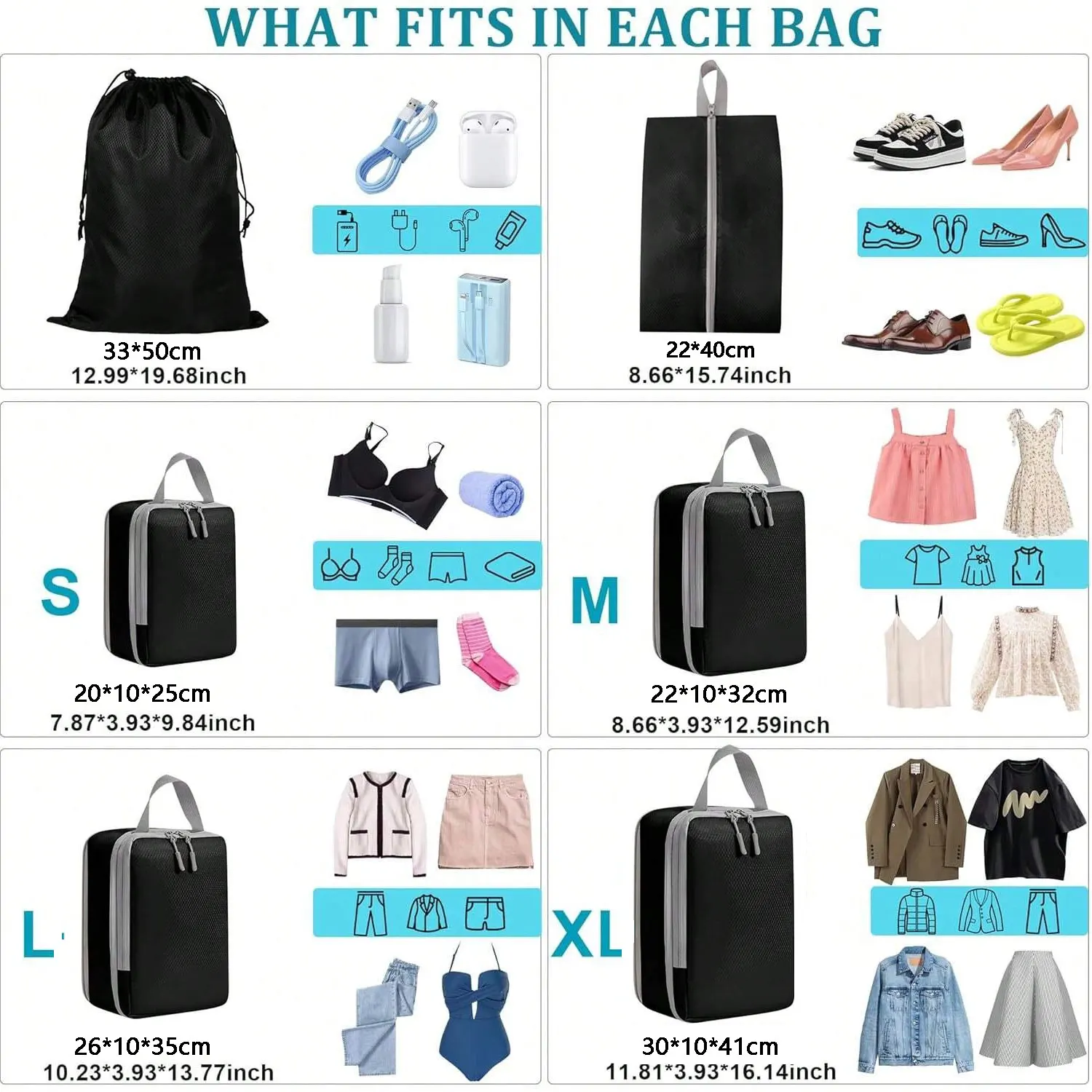 Set/6 Stück komprimierbare Verpackung Reise Aufbewahrungstasche Würfel wasserdichter Koffer Nylon tragbar mit Handtasche Gepäck Organizer Ryanai – Detail 5