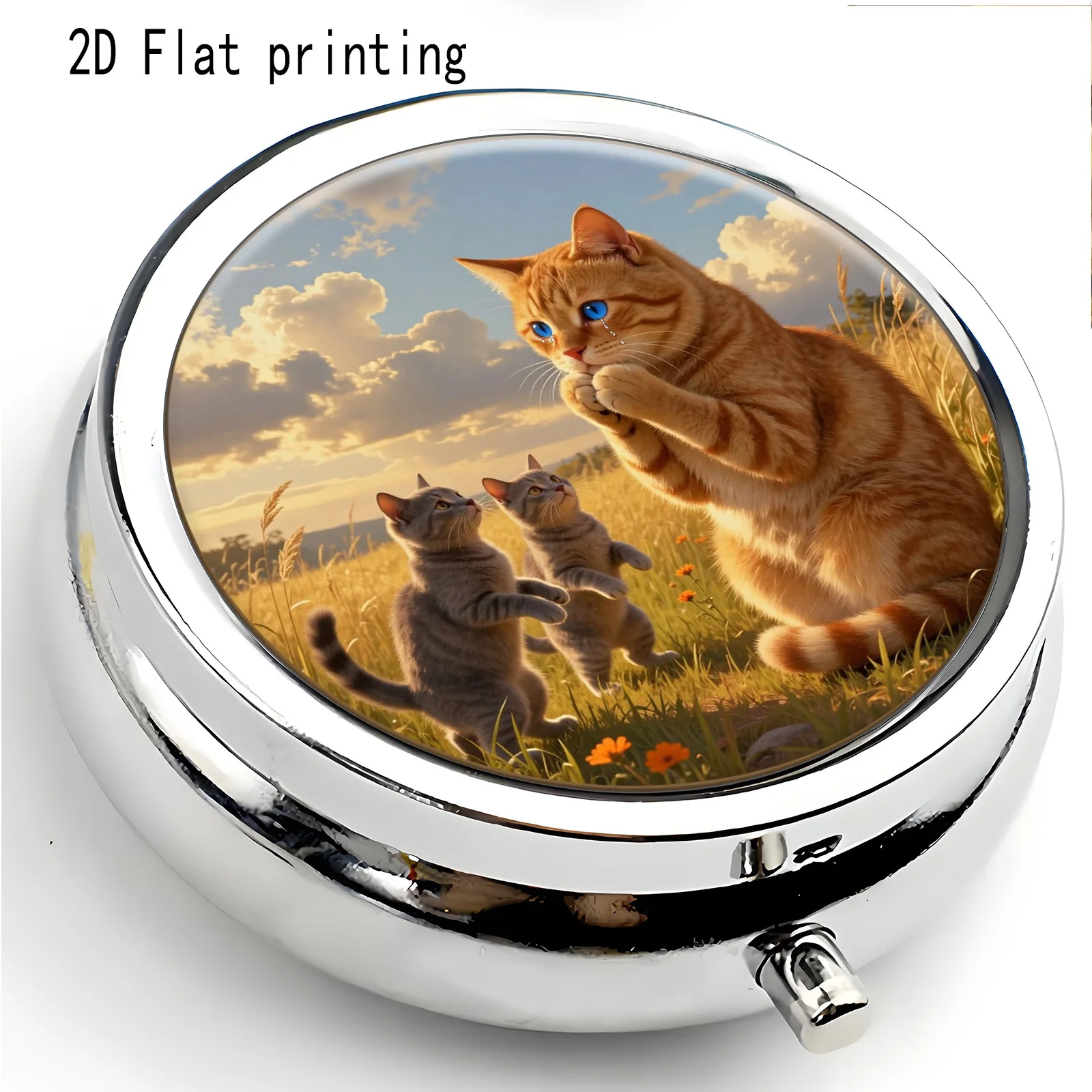 Single pack, flat print, autumn grassland blessing orange cat, round three-compartment portable box, sealed and moisture-proof portable vitamin storage box, essential for girls on the go