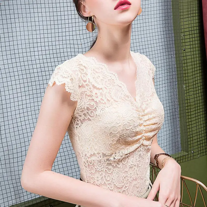 Lace Base Women's Me Vest Collar Ruffle  irt Elastic Fiber Petal Sve V-Ne Regular Length Summer Faion