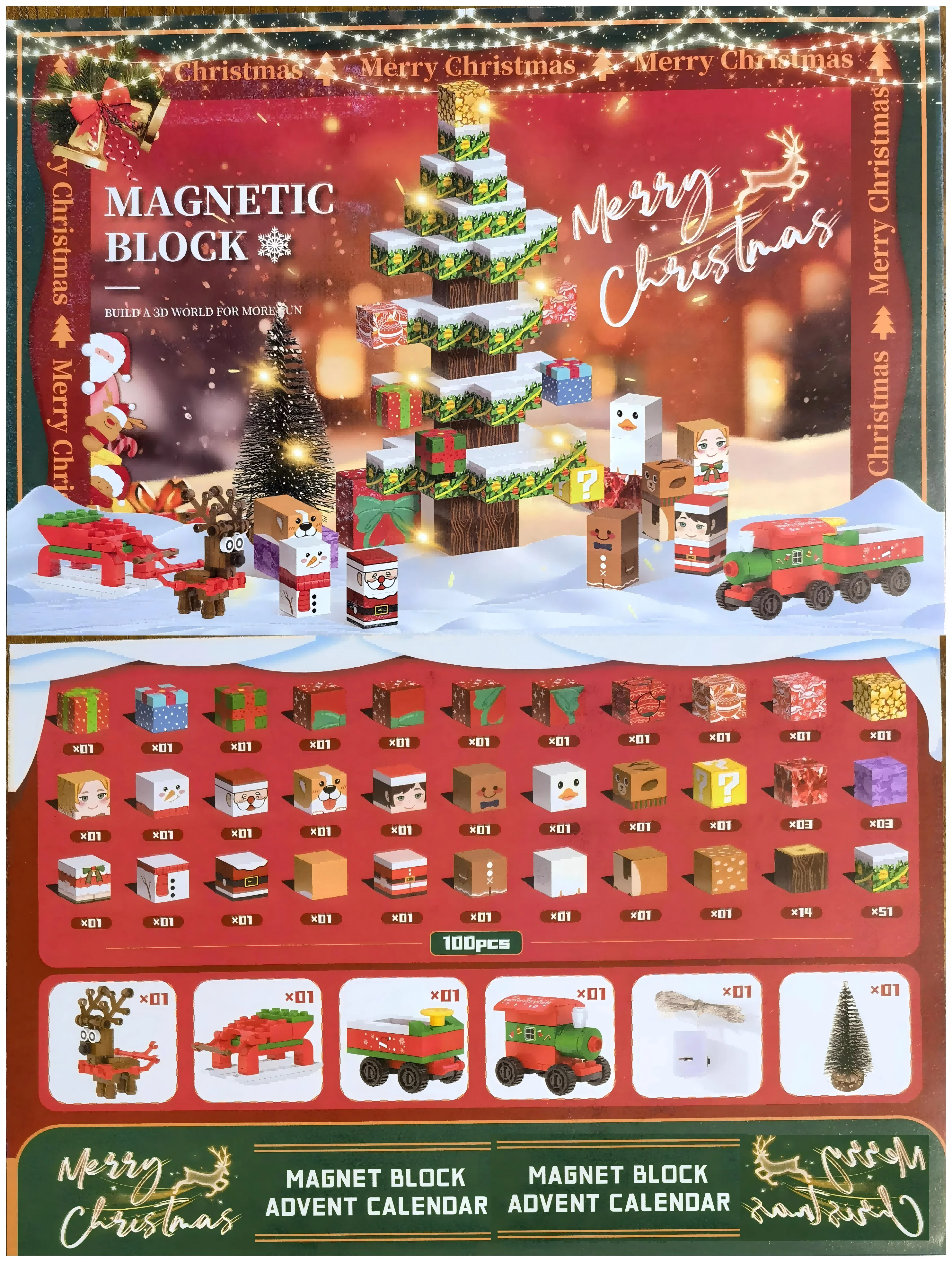 Magnetyczne klocki konstrukcyjne Kalendarz Adwentowy Świąteczny STEM Montessori Sensoryczne Kostki do Układania Zabawki dla dzieci od 3 lat Prezenty dla chłopców i dziewczynek