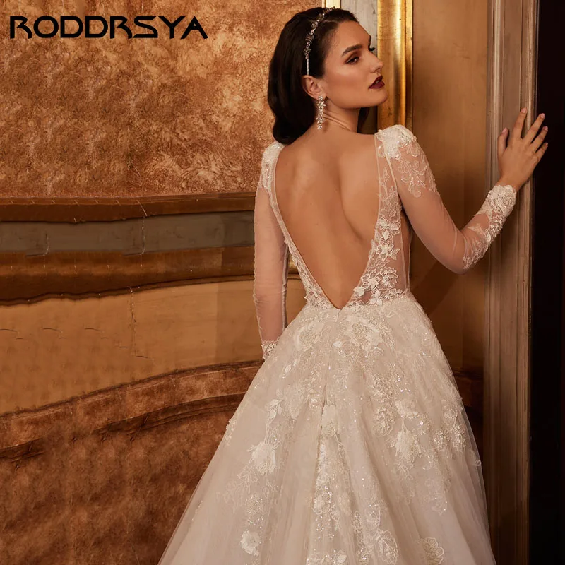 RODDRSYA-vestido De Novia De princesa De manga larga, traje De encaje exquisito, Sexy, Espalda descubierta, cuello en V, hecho a medida, tren De barrido vestido De Novia De princesa De manga larga, traje De encaje exqu