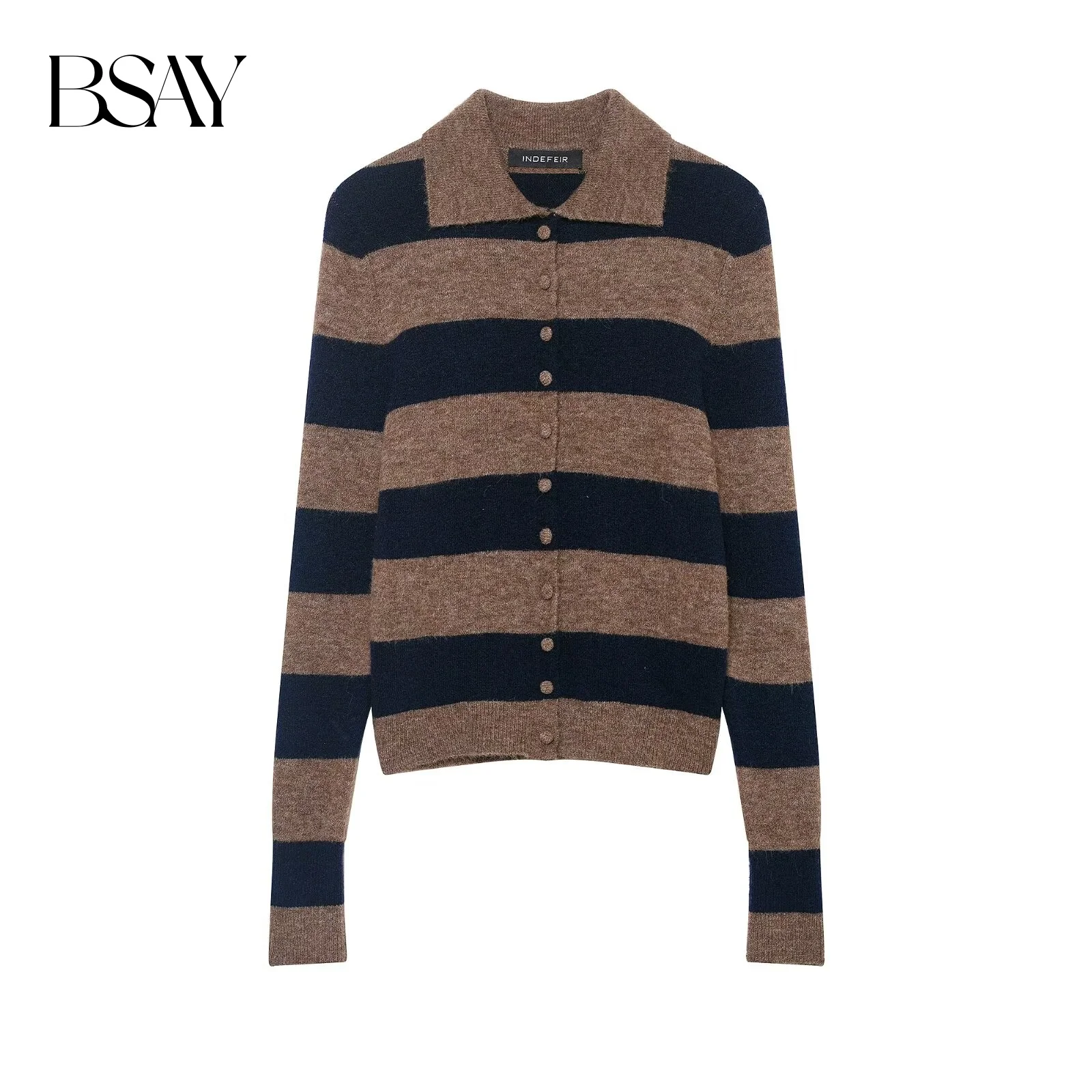 

BSAY Striped Knitted Cardigan Sweater Coat for Women Fashion Autumn Winter Long Sleeves Single Breasted Lapel Top Jacket