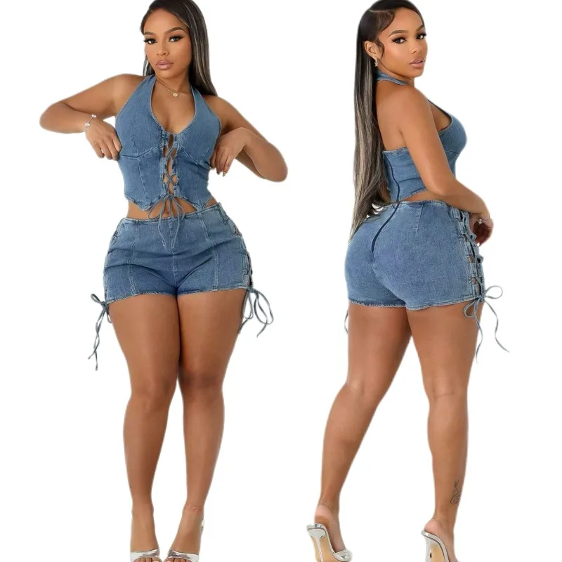 

Chic Y2K Denim Lace-Up Matching Set for Women Halter Neck Crop Top Side Lace Shorts 2026 Summer Trendy Casual Streetwear Outfit